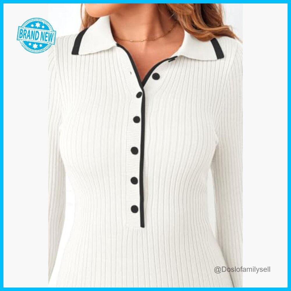 V-Neck Button Down Sweater Dress Ribbed Knit Mini Elegant Chic Work Casual - Picture 6 of 7